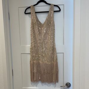 Elegant Beige Fringed Mini Dress